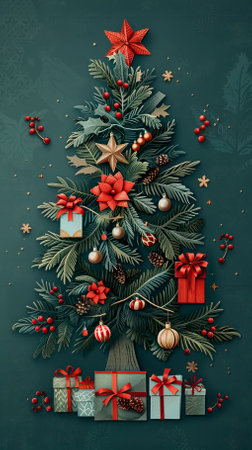 Christmas tree made of fir branches with decorations and gifts on dark green backgroundのイラスト素材