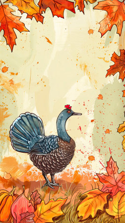 Thanksgiving greeting card with turkey and autumn leaves on grunge backgroundのイラスト素材