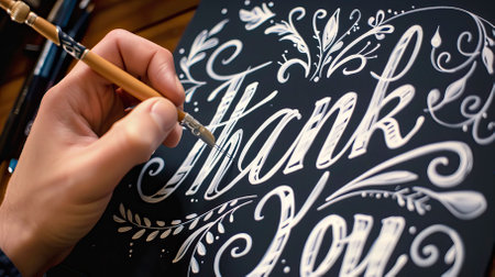 hand writing the word thank you on a blackboard with a fountain pen