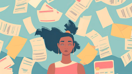 Young african american businesswoman surrounded by paper documents. Vector illustration.のイラスト素材