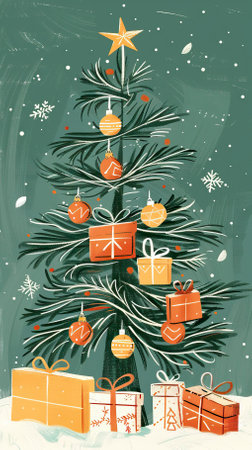 Greeting card with Christmas tree and gift boxes. Vector illustration.のイラスト素材