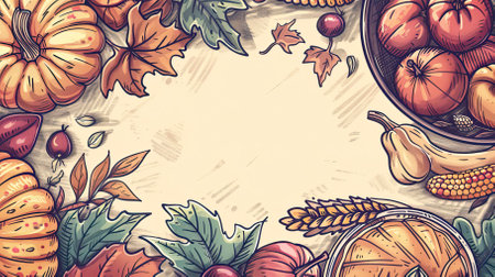 Autumn background with pumpkins, leaves and berries. Hand drawn vector illustration.のイラスト素材
