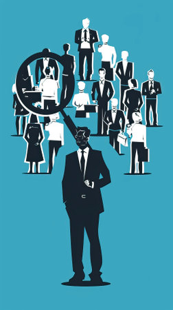 Businessman looking through magnifying glass at crowd of people, vector illustrationのイラスト素材