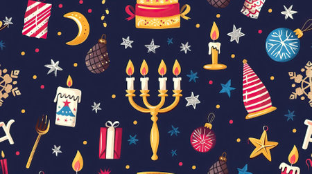 Seamless pattern with candlesticks, candles and Christmas decorations. Vector illustration.