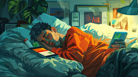 Illustration of a man sleeping in his bed with a tablet computer