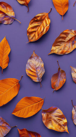 Colorful autumn leaves on violet background. Flat lay, top view
