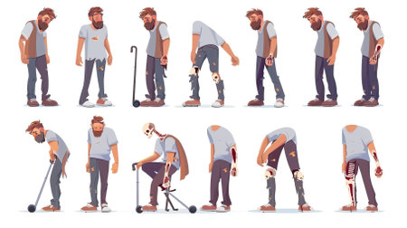 Man with broken leg. Cartoon character in different poses. Vector illustrationのイラスト素材
