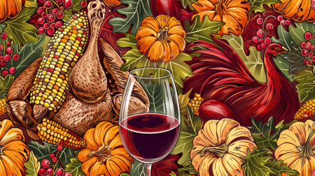 Thanksgiving day background with pumpkins, turkey, corn and wine.のイラスト素材