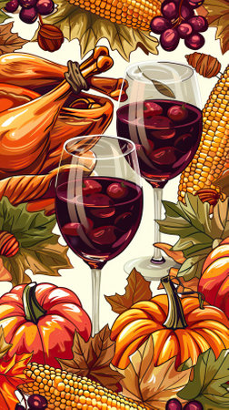 Autumn background with pumpkins, corn and wine. Vector illustration.のイラスト素材