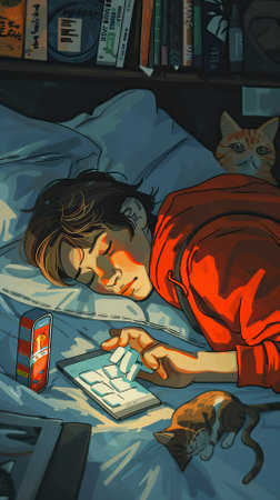 Illustration of a girl sleeping on the bed with a mobile phone