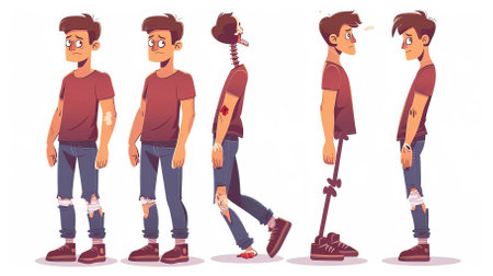 Young man with broken leg. Cartoon vector illustration isolated on white background.のイラスト素材