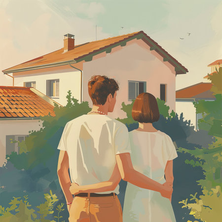Young couple standing in front of their new house. Vector illustration.のイラスト素材