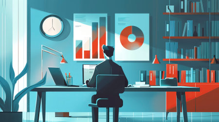 Rear view of young businessman sitting at desk in office and looking at monitor with charts. Toned imageのイラスト素材