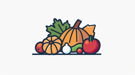 Pumpkin, apples and garlic vector icon. Vegetables and fruits illustration.のイラスト素材