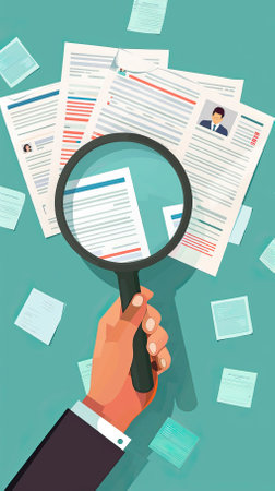 Human hand holding a magnifying glass over a pile of paper documents. Vector illustration.のイラスト素材