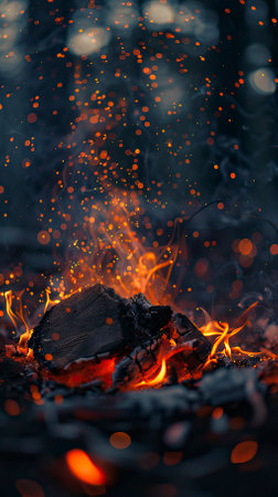Burning firewood in the forest at night. Close-up.のイラスト素材