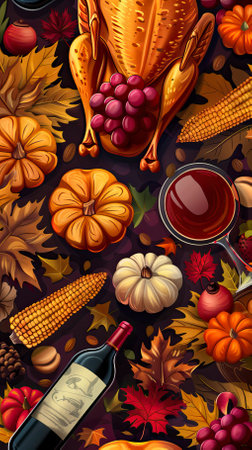 Thanksgiving holiday background with pumpkins, corn, wine, turkey, leaves and berriesのイラスト素材