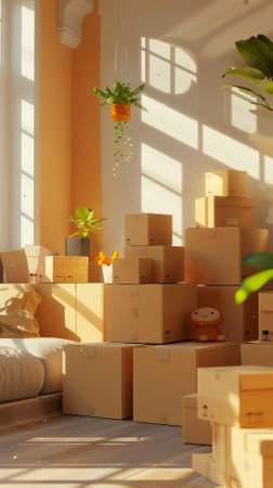 Moving boxes in a new apartment. 3d rendering, 3d illustration.のイラスト素材