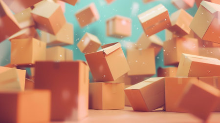 Abstract background with flying cardboard boxes. 3d render illustration with depth of field