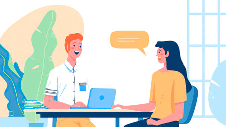 Male doctor talking to female patient in office, flat vector illustration.のイラスト素材