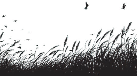 Silhouette of grass with flying birds on a white background.のイラスト素材