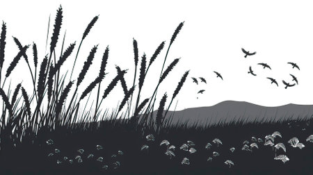 Silhouette of grass and flying birds on a white background.のイラスト素材