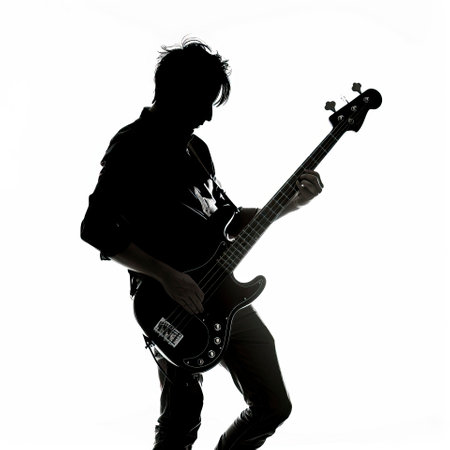 Silhouette of a man playing bass guitar in studio isolated on white backgroundのイラスト素材