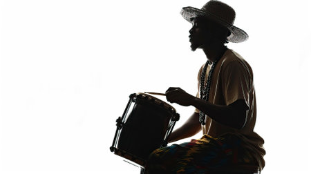 Silhouette of African man playing drum in studio on white background