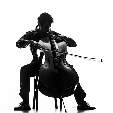 one caucasian man playing cello silhouette isolated on white background