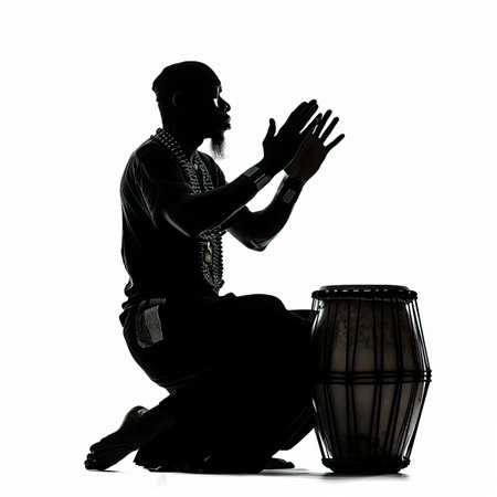 one caucasian man playing djembe drums in silhouette studio isolated on white background