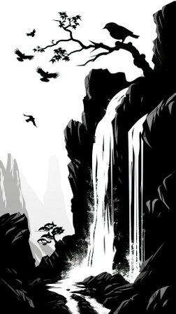 Waterfall in the mountains, black and white vector illustration, no transparency