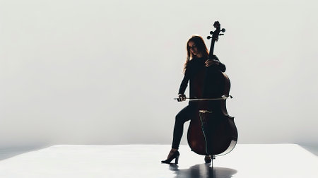 Young woman playing cello on white background with light and shadow.