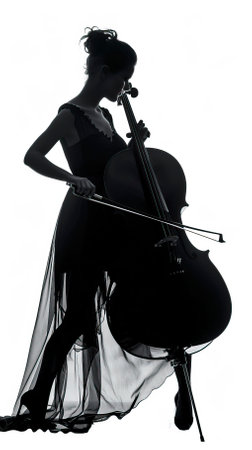 Silhouette of a woman playing the cello on a white background