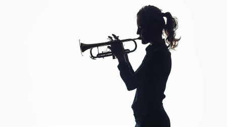 Silhouette of a woman playing the trumpet on a white background