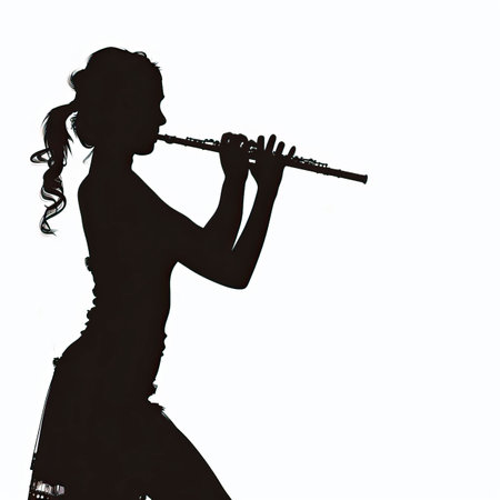 Silhouette of a female flutist on a white background