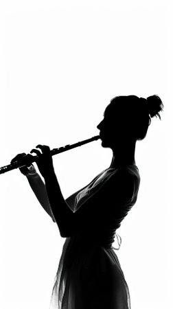Silhouette of a girl playing the flute on white backgroundのイラスト素材