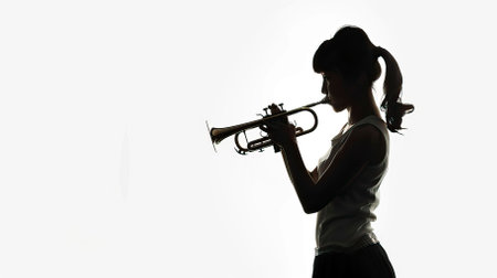 Silhouette of a girl playing the trumpet on a white background
