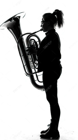 Silhouette of a woman playing the tuba on white background