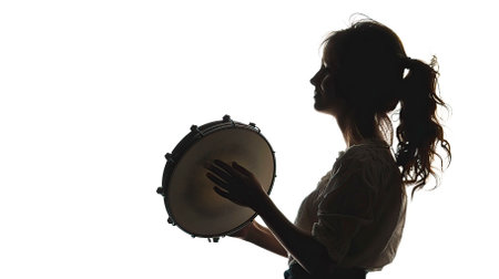Silhouette of a young woman playing the djembe on white background