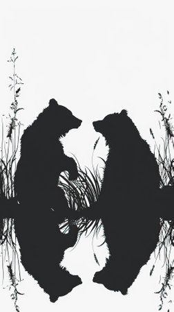 Silhouette of two bears on a white background with water reflection