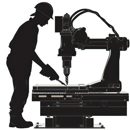 Silhouette of a worker operating a CNC milling machineのイラスト素材