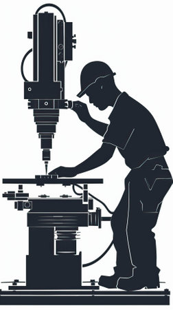 Illustration of a CNC milling machine operator working on a milling machineのイラスト素材