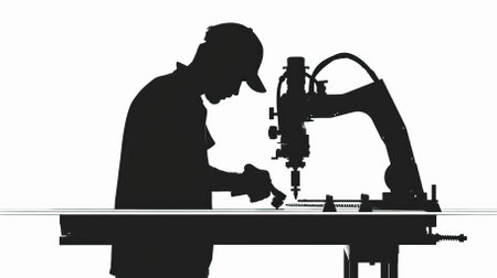 Silhouette of a man working on a milling machine.のイラスト素材