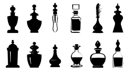 Set of perfume bottles. Black silhouettes on a white background.のイラスト素材