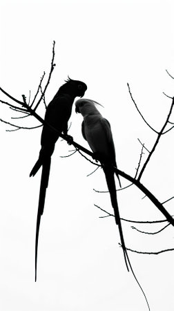Two parrots on a tree branch, black and white photo.のイラスト素材