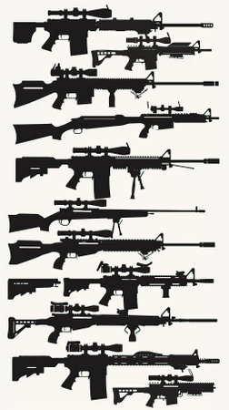 Collection of silhouettes of assault rifles isolated on white background. Vector illustration.のイラスト素材