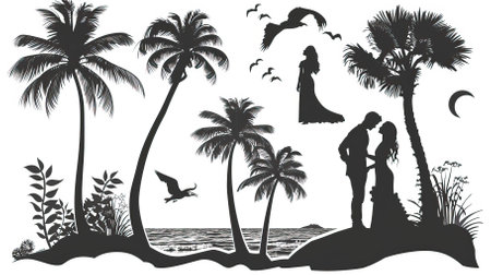 Silhouette of a family on the beach. Vector illustration.のイラスト素材