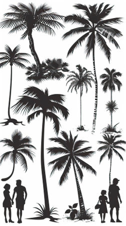 Silhouettes of palm trees and children on a white background.のイラスト素材