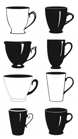 Silhouettes of cups and mugs on a white background.のイラスト素材