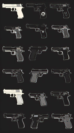 Set of 9 different types of gun isolated on a black background.のイラスト素材